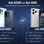 Itel A100 vs A90 side-by-side comparison chart showing display, battery, processor differences for India launch.