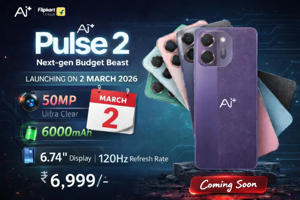Ai+ Pulse 2 Launch on 2 March 2026 Ai+ Pulse 2 featuring a squircle camera module with 50MP AI lens and 6000mAh battery branding