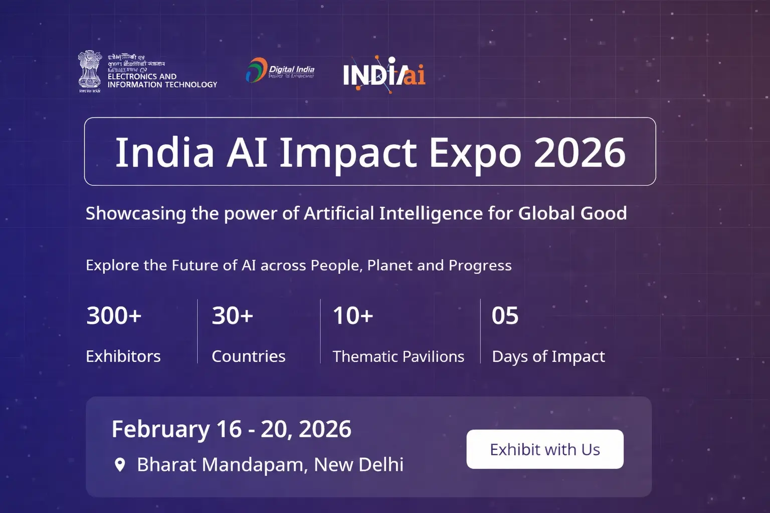 India AI Impact Summit 2026 event banner featuring the theme Shaping AI for Everyone