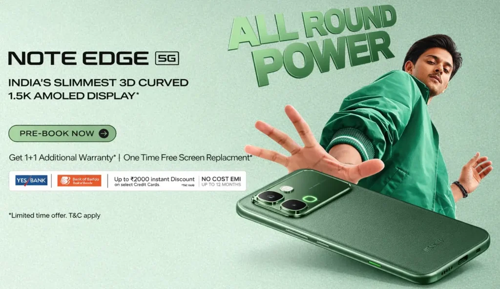 Infinix Note Edge 5G in Silk Green featuring a 3D curved 120Hz AMOLED display and Active Halo Lighting