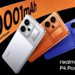 Realme P4 Power 5G smartphone in TransOrange showing its 144Hz quad-curved AMOLED display and 10,001mAh battery capacity.