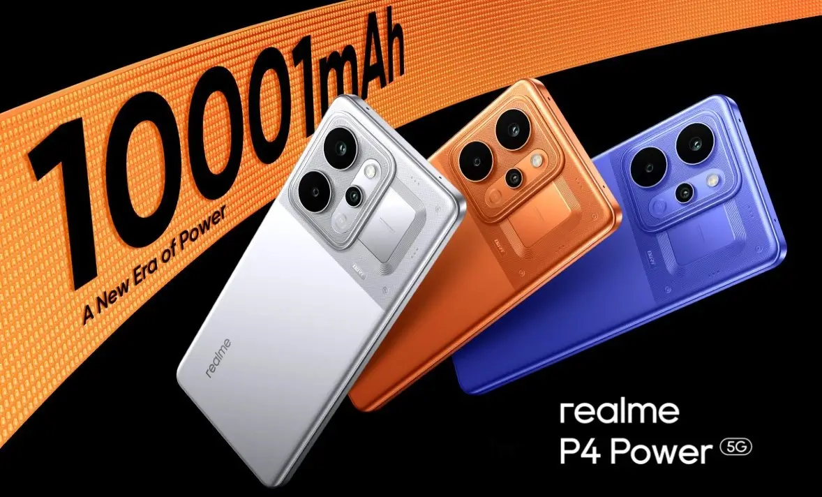 Realme P4 Power 5G smartphone in TransOrange showing its 144Hz quad-curved AMOLED display and 10,001mAh battery capacity.