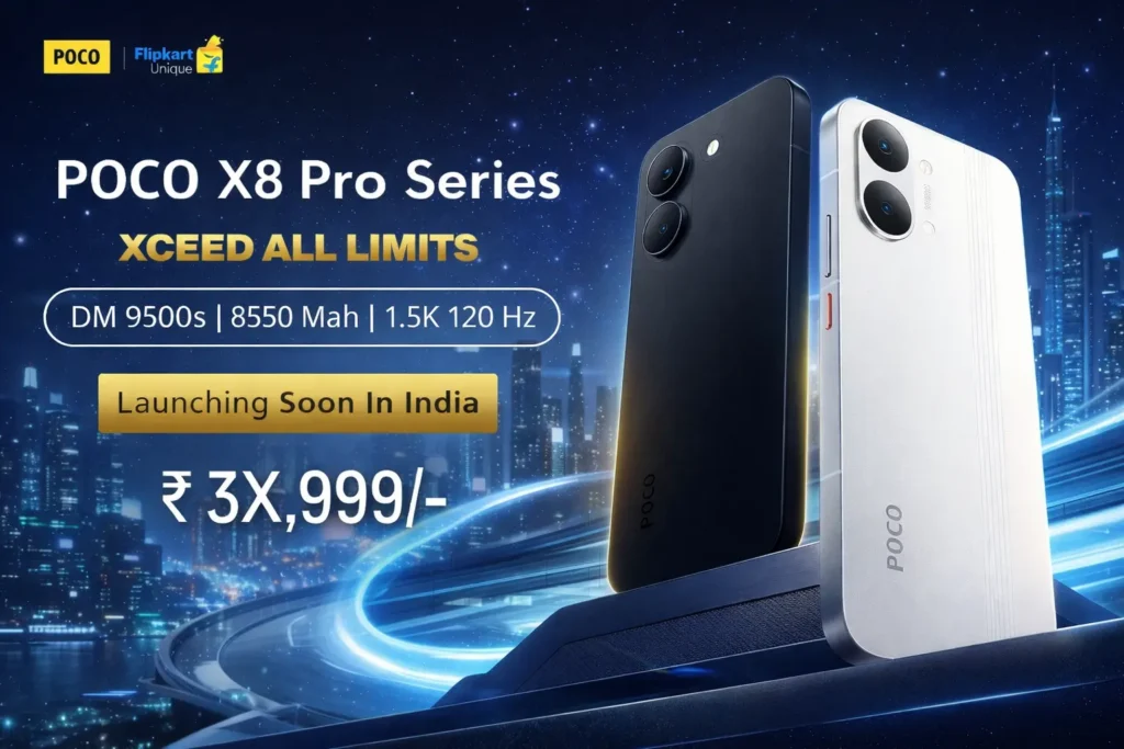 Leaked promotional image of Poco X8 Pro and Poco X8 Pro Max showing the flat frame design and dual camera setup