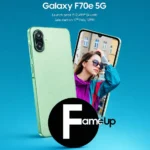 Promotional poster for the Samsung Galaxy F70e 5G in a light green textured finish, showing both the front and back of the device. The image displays the dual-camera setup, a waterdrop notch display, and text highlighting a launch price of ₹12,499 starting February 17th at 12 PM