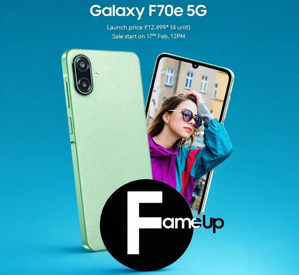 Promotional poster for the Samsung Galaxy F70e 5G in a light green textured finish, showing both the front and back of the device. The image displays the dual-camera setup, a waterdrop notch display, and text highlighting a launch price of ₹12,499 starting February 17th at 12 PM