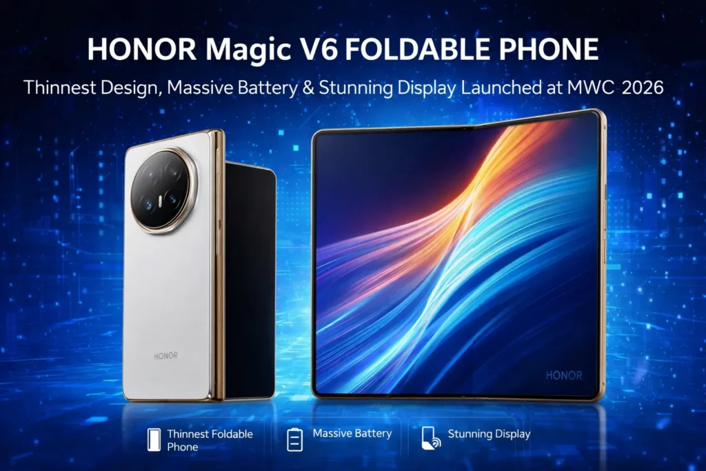 Honor Magic V6 foldable phone in Glacier Blue showing its 8.02-inch display and 6.1mm ultra-thin design