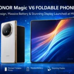 Honor Magic V6 foldable phone in Glacier Blue showing its 8.02-inch display and 6.1mm ultra-thin design