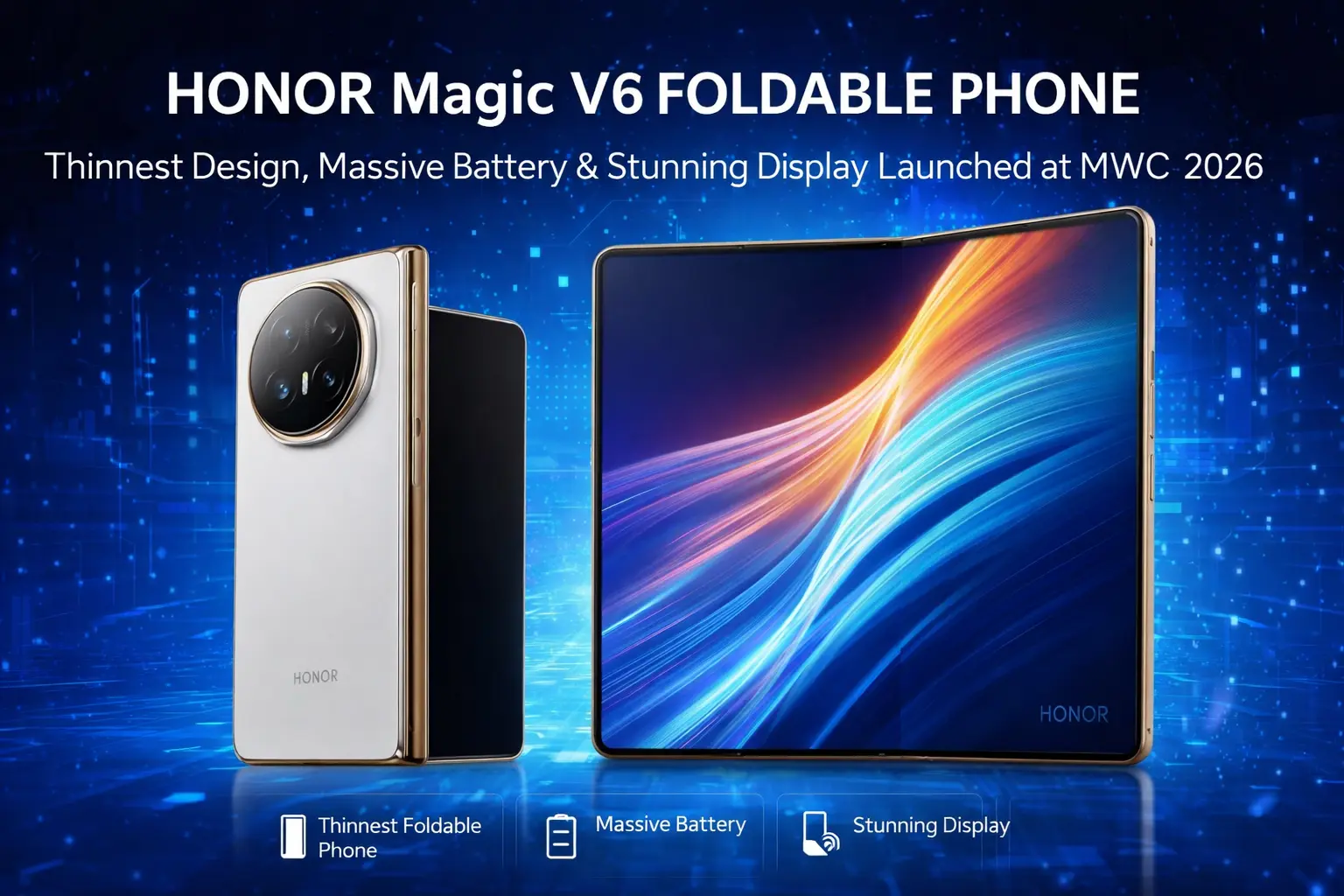 Honor Magic V6 foldable phone in Glacier Blue showing its 8.02-inch display and 6.1mm ultra-thin design