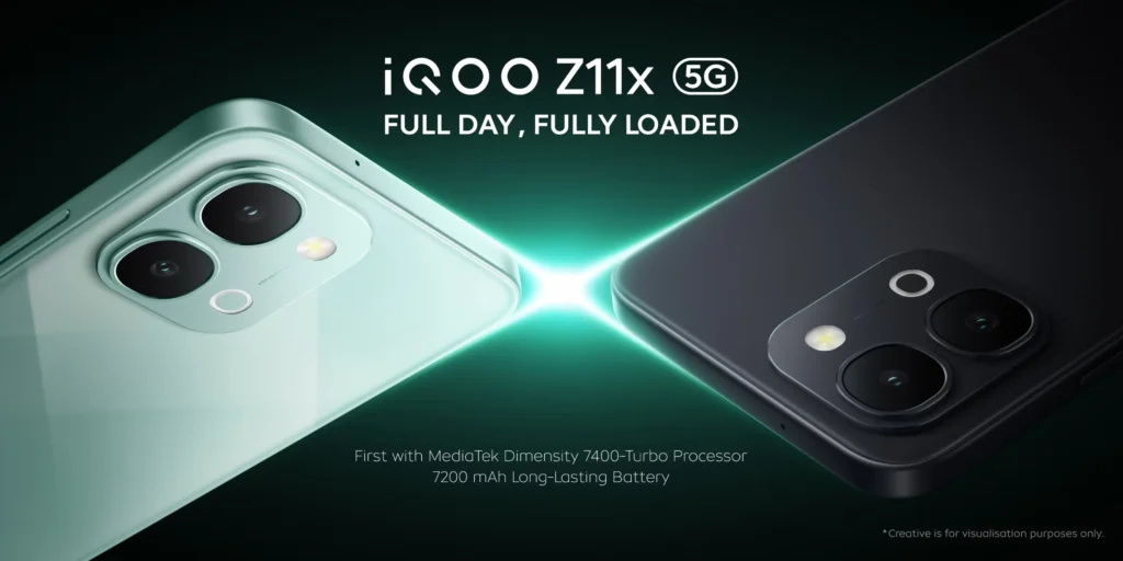 iQOO Z11x 5G in Prismatic Green showing the 50MP Sony IMX852 camera and 7,200mAh battery branding