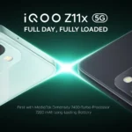 iQOO Z11x 5G in Prismatic Green showing the 50MP Sony IMX852 camera and 7,200mAh battery branding