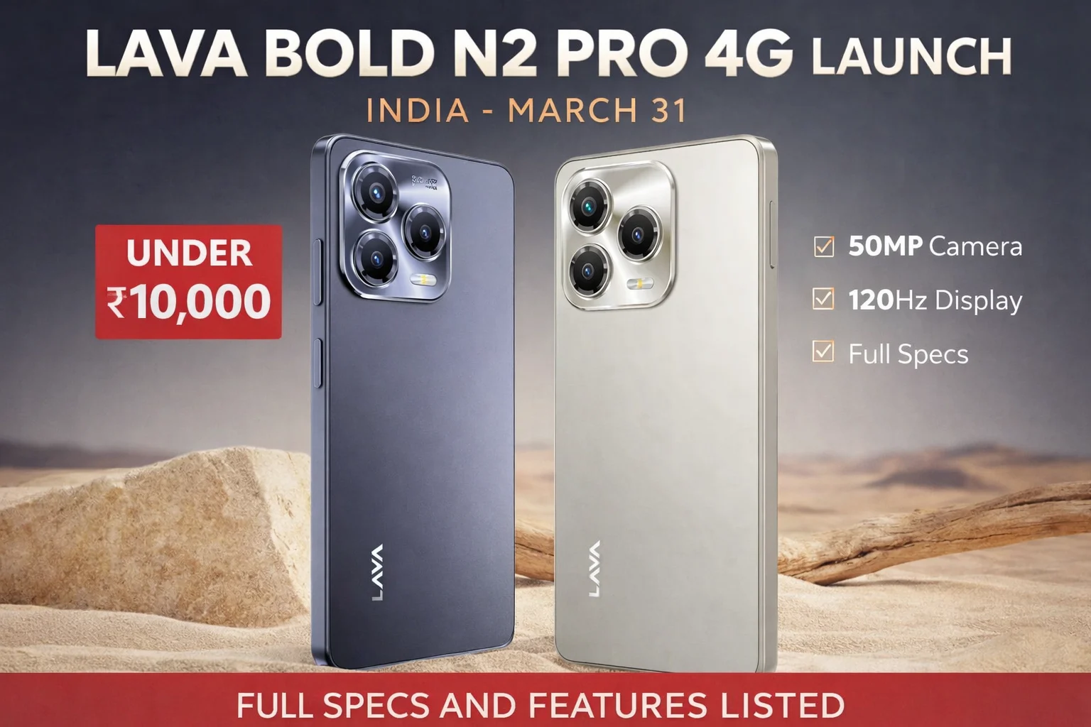 Lava Bold N2 Pro 4G in Aurora Gold and Eclipse Grey featuring a 50MP triple AI camera and 120Hz punch-hole display