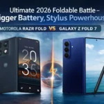 Comparison of Motorola Razr Fold in Lily White and Galaxy Z Fold 7 in Blue Shadow showing foldable displays