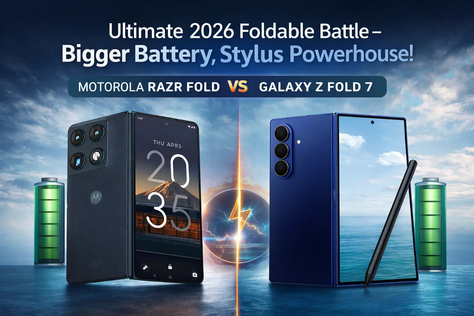 Comparison of Motorola Razr Fold in Lily White and Galaxy Z Fold 7 in Blue Shadow showing foldable displays