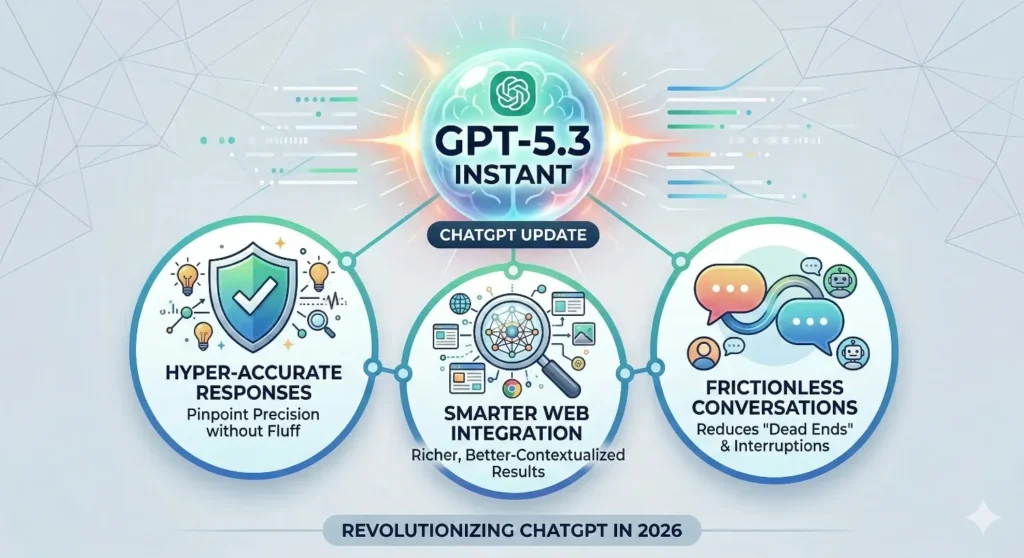 ChatGPT interface showing the new GPT-5.3 Instant model with improved conversational flow and lower hallucinations