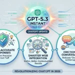 ChatGPT interface showing the new GPT-5.3 Instant model with improved conversational flow and lower hallucinations