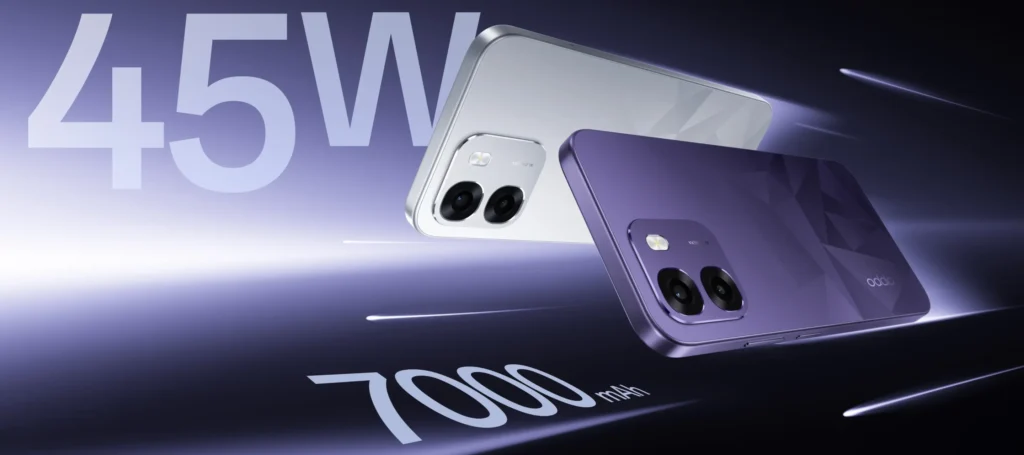 Oppo K14 5G in Prism Violet showing its 50MP dual AI camera module and 120Hz punch-hole display