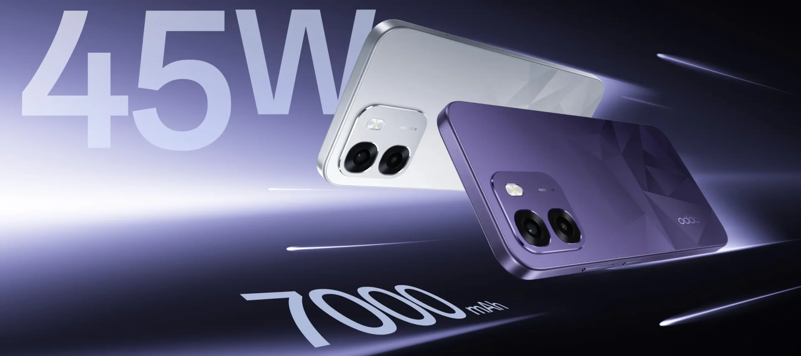 Oppo K14 5G in Prism Violet showing its 50MP dual AI camera module and 120Hz punch-hole display