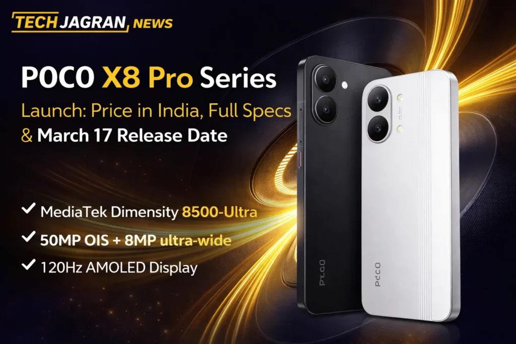 Poco X8 Pro Series in Black and White featuring dual-ring camera design and metal frame