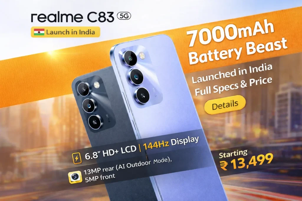 Realme C83 5G in Galactic Blue showing its 50MP dual camera and 7,000mAh battery branding