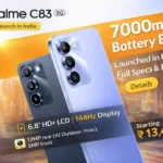 Realme C83 5G in Galactic Blue showing its 50MP dual camera and 7,000mAh battery branding