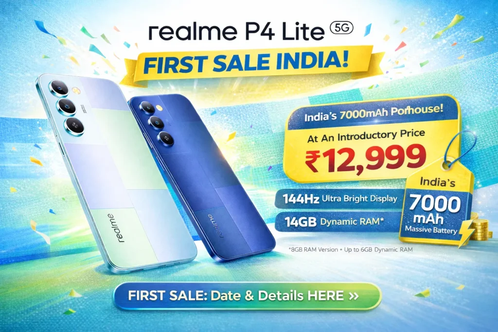 Realme P4 Lite 5G in Mosaic Blue and Mosaic Green featuring 144Hz Eye Comfort Display and 7,000mAh battery branding