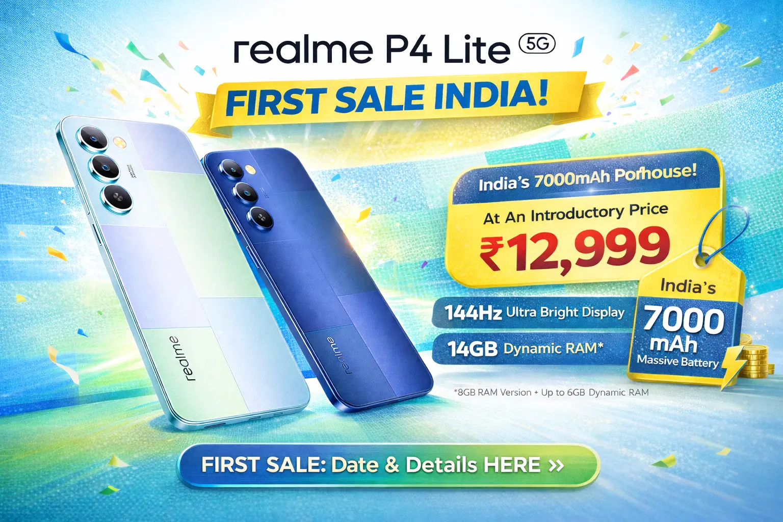 Realme P4 Lite 5G in Mosaic Blue and Mosaic Green featuring 144Hz Eye Comfort Display and 7,000mAh battery branding