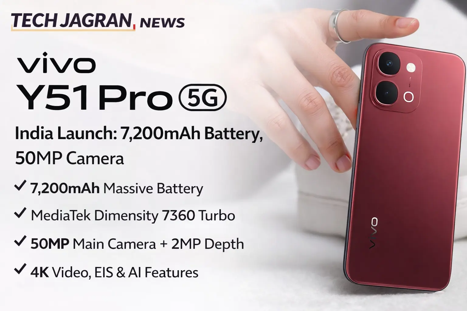 Vivo Y51 Pro 5G in Noble Gold and Festive Red showing its dual-ring camera and 7,200mAh battery branding