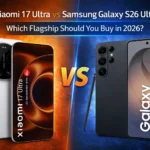 Comparison of Xiaomi 17 Ultra in Starlit Green and Samsung Galaxy S26 Ultra in Cobalt Violet showing their distinct rear camera designs