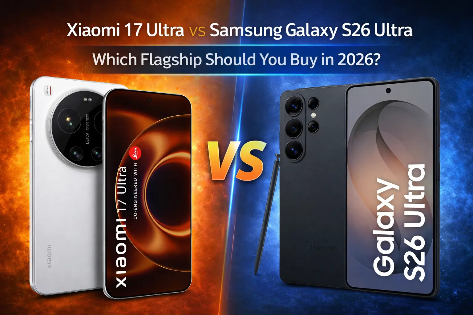 Comparison of Xiaomi 17 Ultra in Starlit Green and Samsung Galaxy S26 Ultra in Cobalt Violet showing their distinct rear camera designs