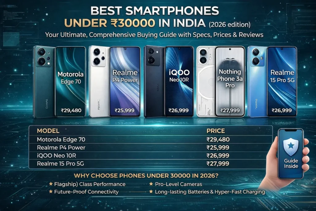 Top 5 smartphones under 30000 in India 2026 including Motorola Edge 70, Realme P4 Power, and iQOO Neo 10R