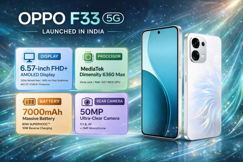 Oppo F33 5G in Forest Green and Pearl White with 7000mAh Battery
