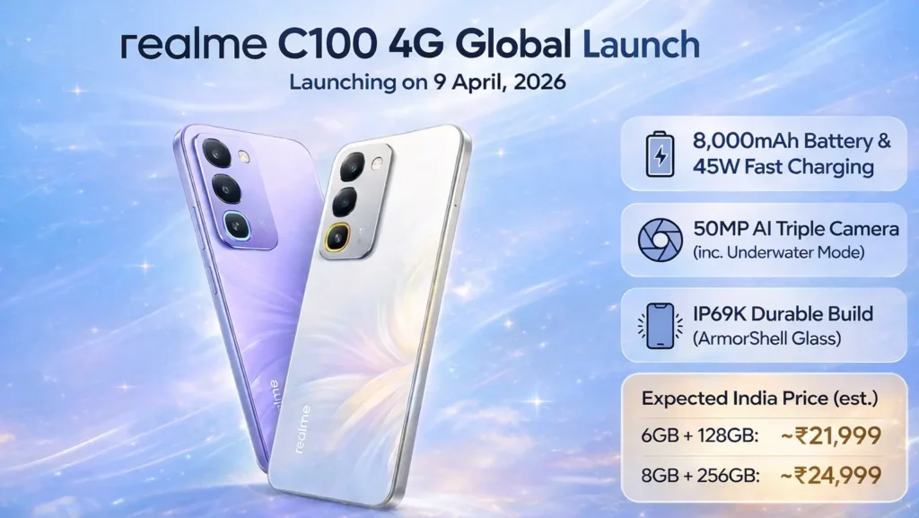 Realme C100 4G in Eternal Brown and Triumphal Purple showing its ArmorShell Glass and IP69K build