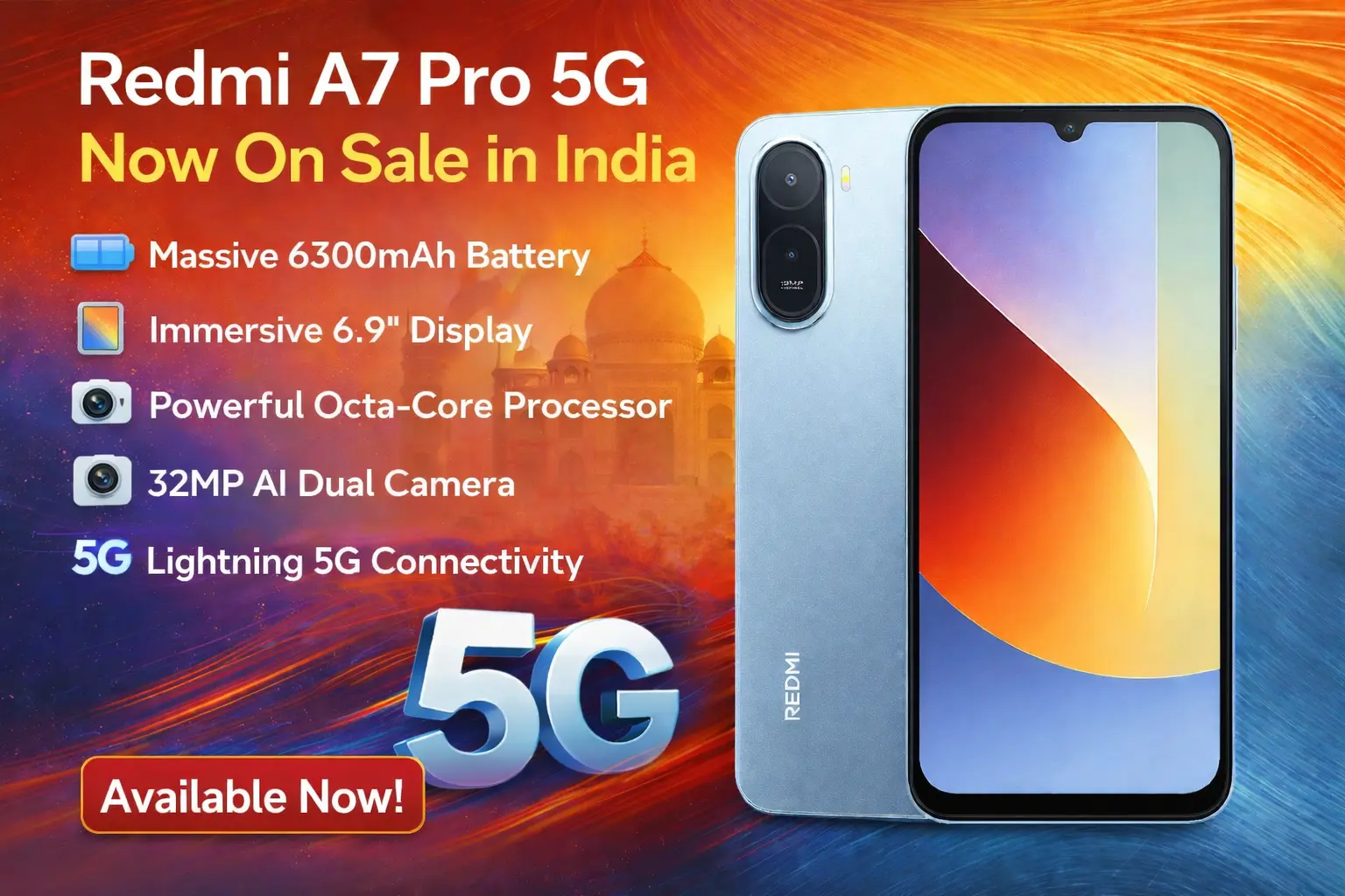 Redmi A7 Pro 5G in Mist Blue and Sunset Orange with 6.9-inch display