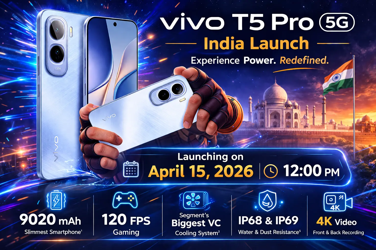 Vivo T5 Pro 5G in Glacier Blue with 9020mAh Battery and 144Hz Display