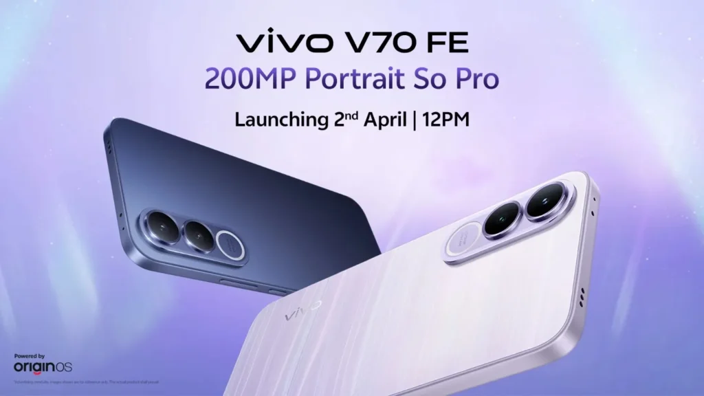Vivo V70 FE in Northern Lights Purple featuring Darkness Glow technology and a 200MP ultra-clear primary camera