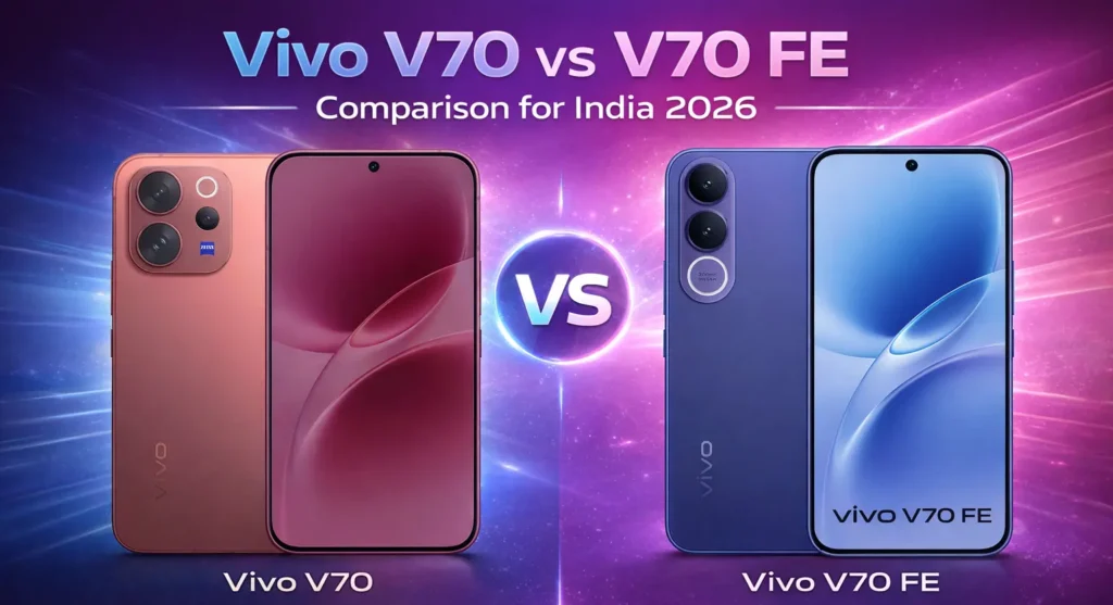Vivo V70 5G and Vivo V70 FE side by side comparison highlighting 7000mAh battery and 200MP camera