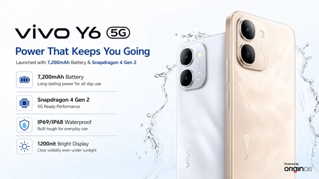 Vivo Y6 5G in Galaxy Silver with 7200mAh battery and IP69 durability