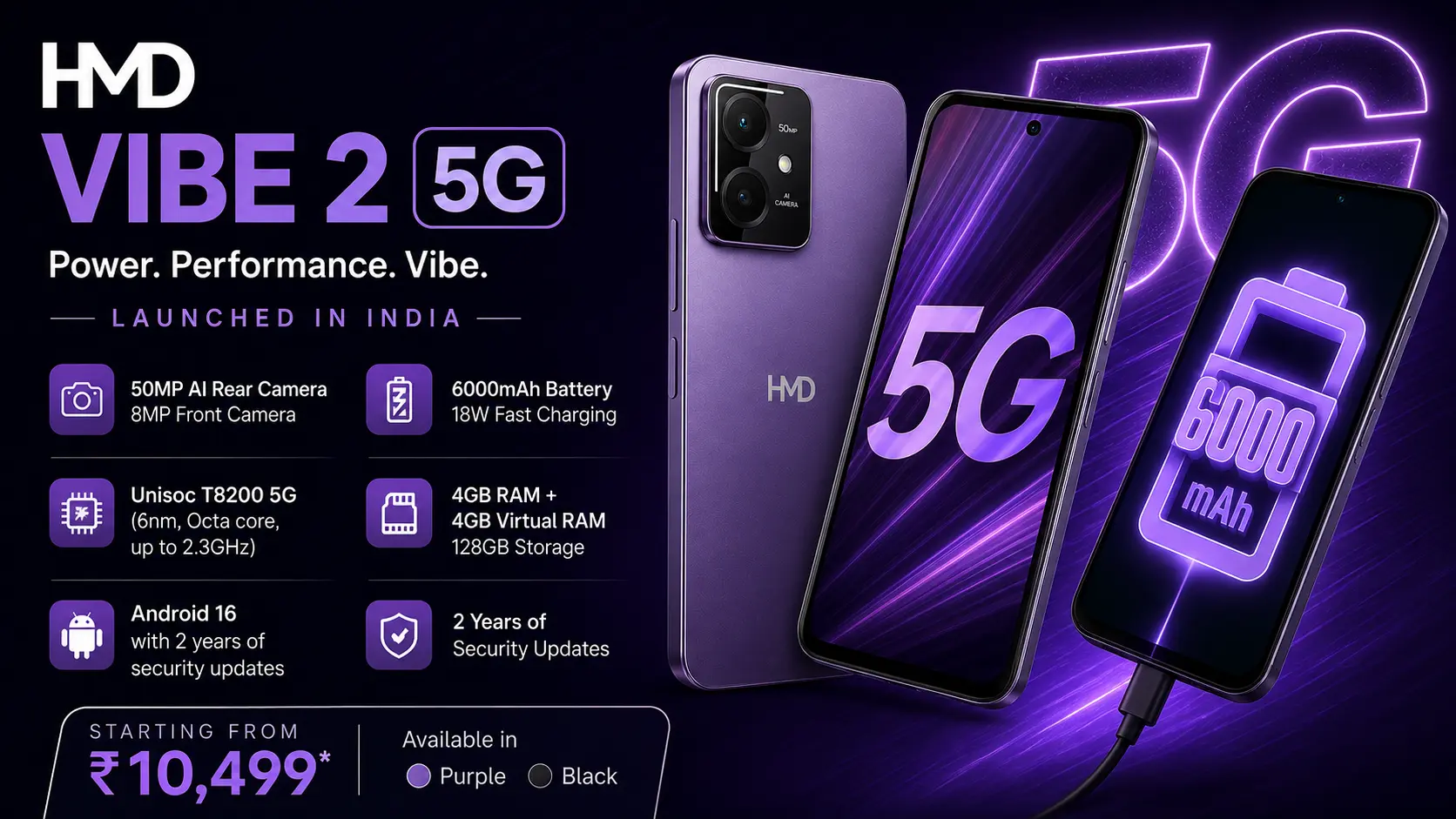 HMD Vibe 2 5G in Cosmic Lavender with 6,000mAh battery and 128GB storage.