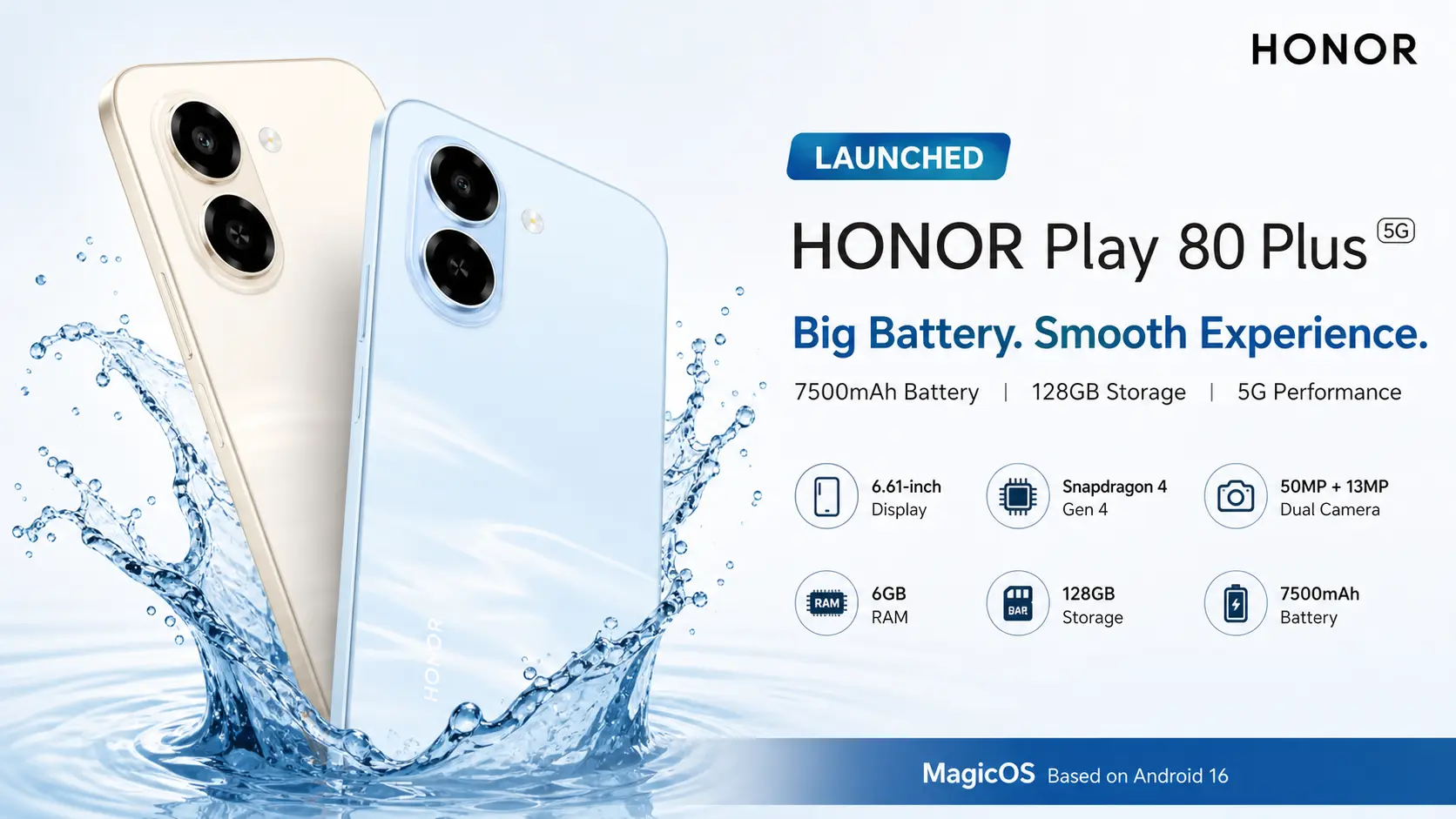 Honor Play 80 Plus in Aquamarine with 7,500mAh battery and 120Hz display