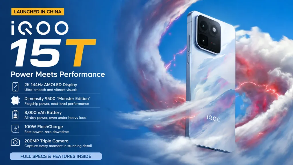 iQOO 15T gaming smartphone with 2K 144Hz display and 8000mAh battery