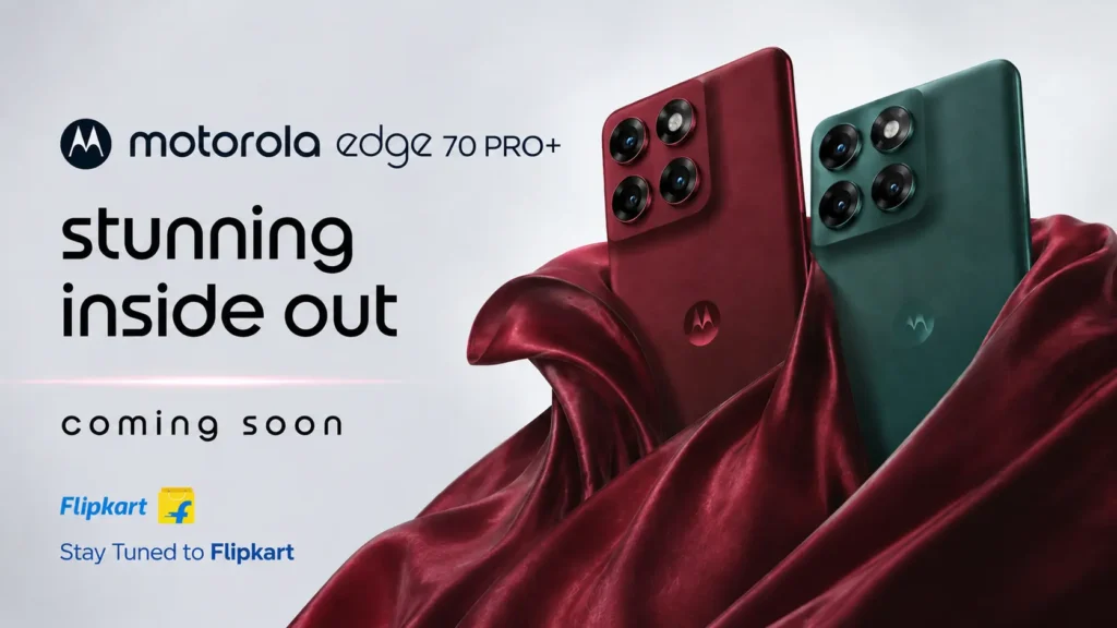 Motorola Edge 70 Pro+ teased in Brown, Red, and Teal colors.