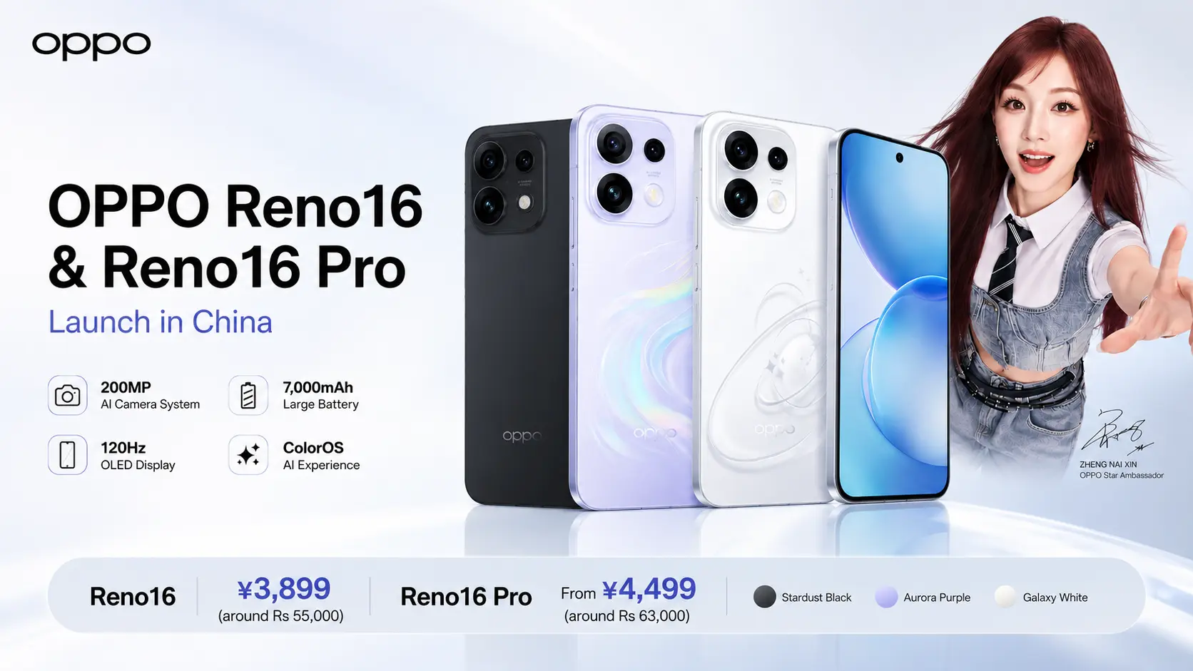 OPPO Reno 16 Pro in Dream White featuring a 200MP camera and 7,000mAh battery