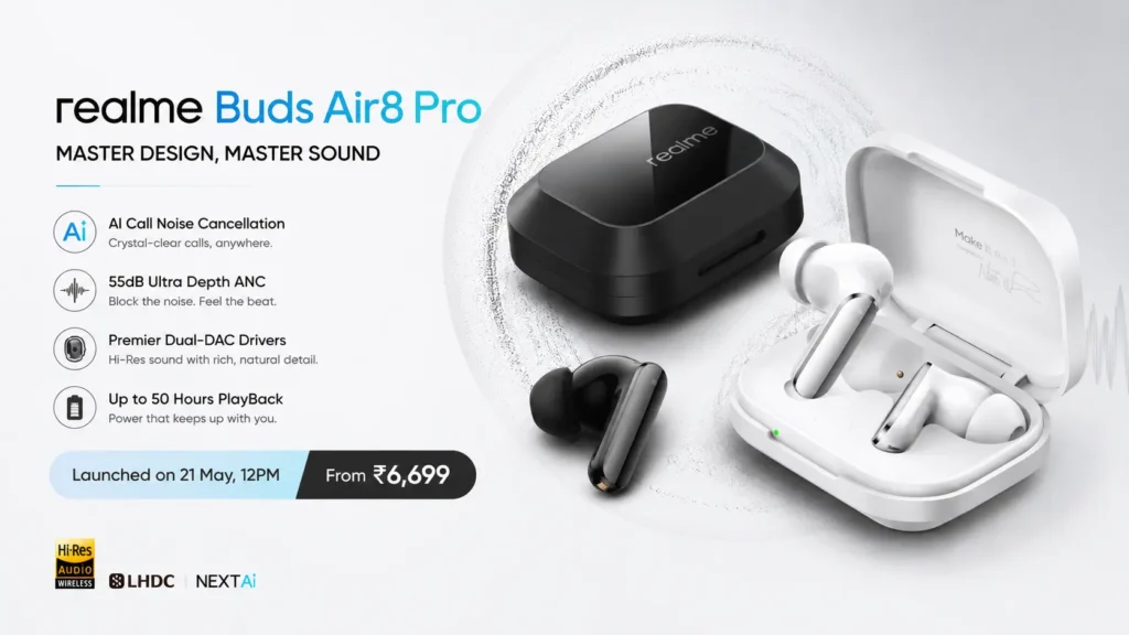 Realme Buds Air 8 Pro in Master Black and Master White featuring 55dB ANC and 50-hour battery life.
