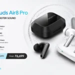 Realme Buds Air 8 Pro in Master Black and Master White featuring 55dB ANC and 50-hour battery life.