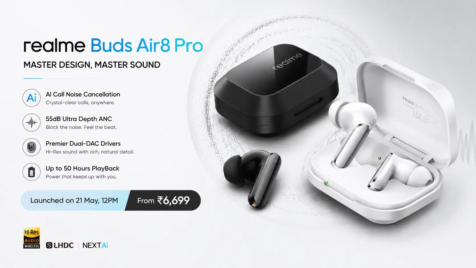 Realme Buds Air 8 Pro in Master Black and Master White featuring 55dB ANC and 50-hour battery life.