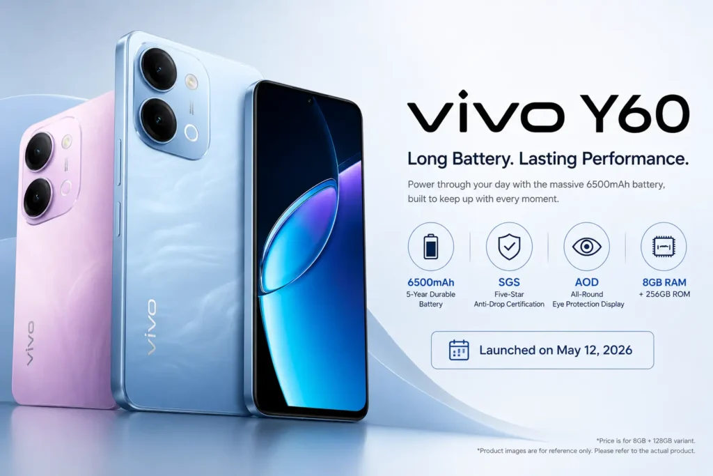 Vivo Y60 in Shanhaiqing Blue with 6,500mAh battery and 120Hz display.
