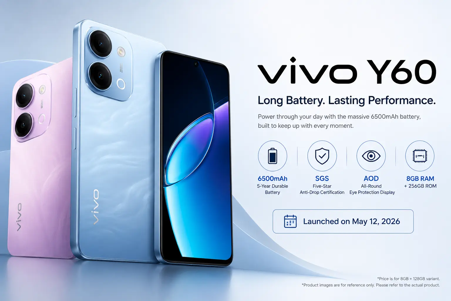 Vivo Y60 in Shanhaiqing Blue with 6,500mAh battery and 120Hz display.