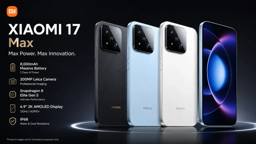 Xiaomi 17 Max in Sky Blue featuring a 200MP Leica camera and 8,000mAh battery.
