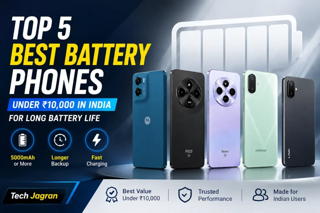 Top 5 best battery smartphones under 10000 rupees in India compared side by side.