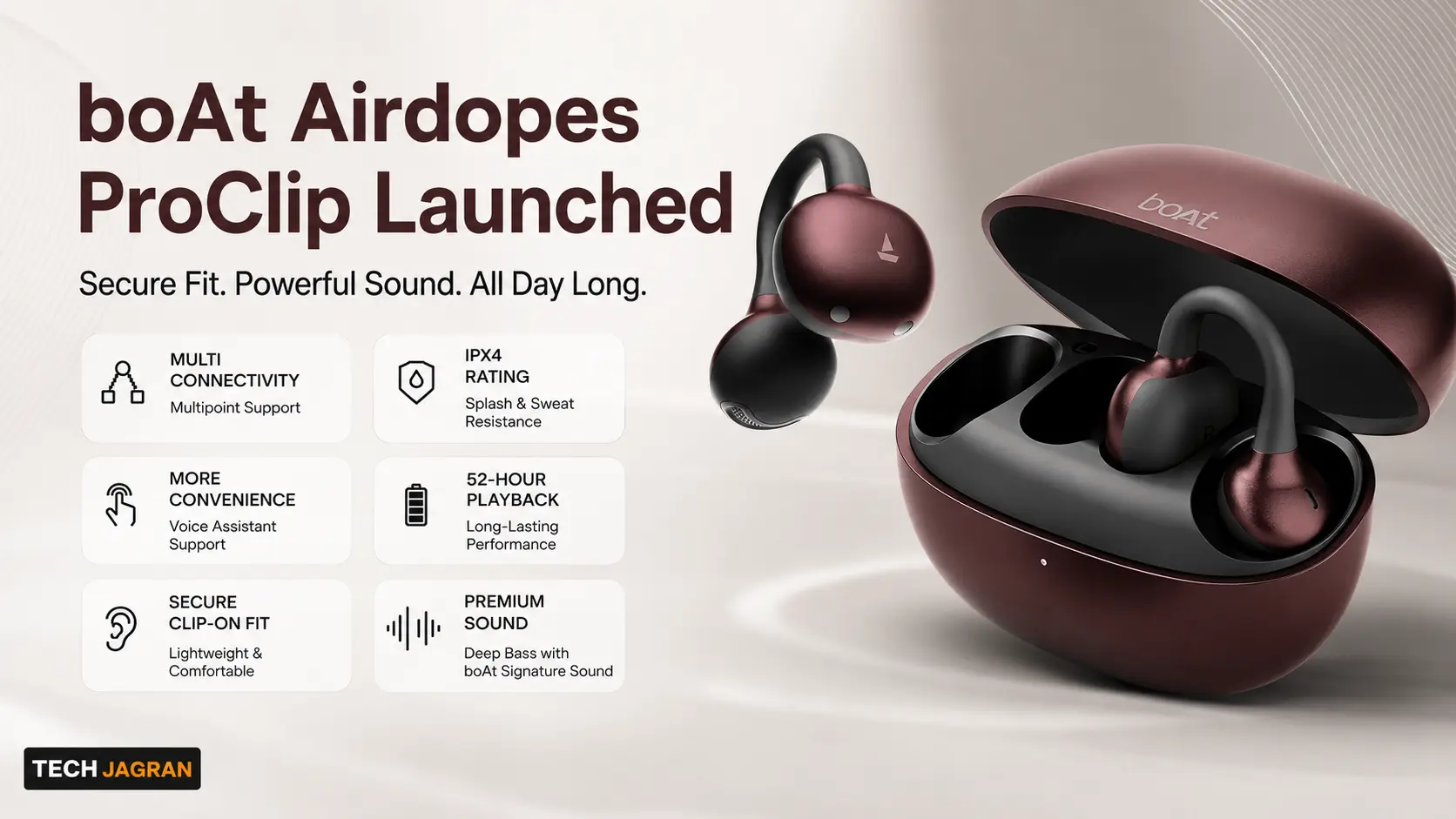 boAt Airdopes ProClip open-ear clip-on earbuds in Wine color showcasing the unique design.